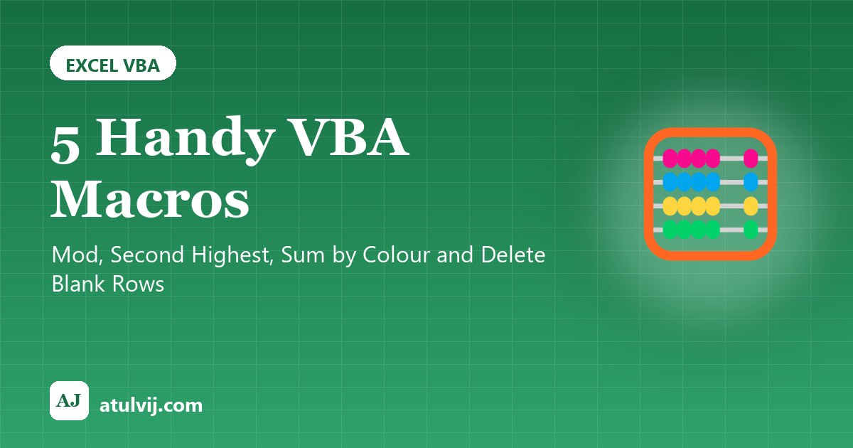 5 Handy VBA Macros: Mod, Second Highest, Sum by Colour and Delete Blank Rows